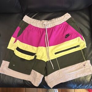 Nike Pink and Yellow Cargo Shorts with Color-Blocked Design